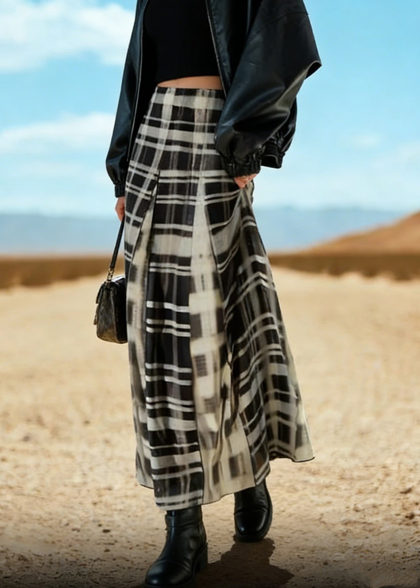Black White Plaid a Line Skirt Spring