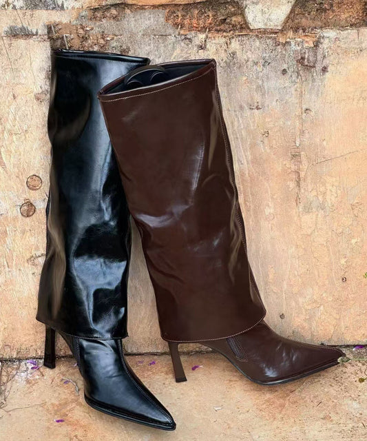 Black Faux Leather Stiletto Heels Boots Splicing