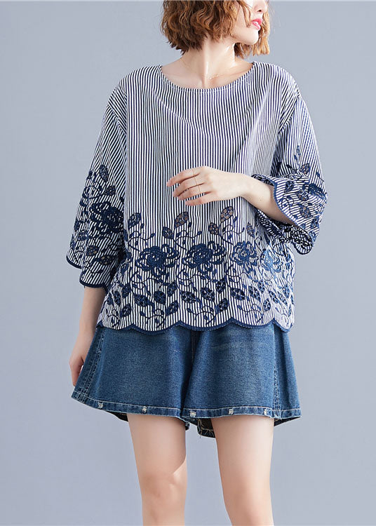 Style Blue O-neck Embroideried Striped Cotton Tops Bracelet Sleeve