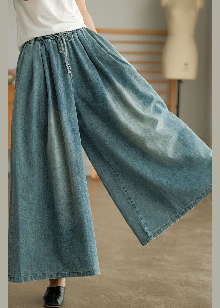 Loose Blue Cinched Pockets Denim Wide Leg Pants Spring
