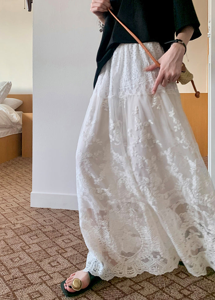 Art White Lace Tulle Patchwork Elastic Waist Skirt Summer