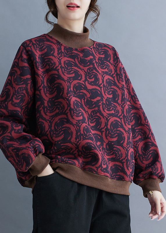 Mulberry Stand Collar Print Warm Fleece Pullover Spring