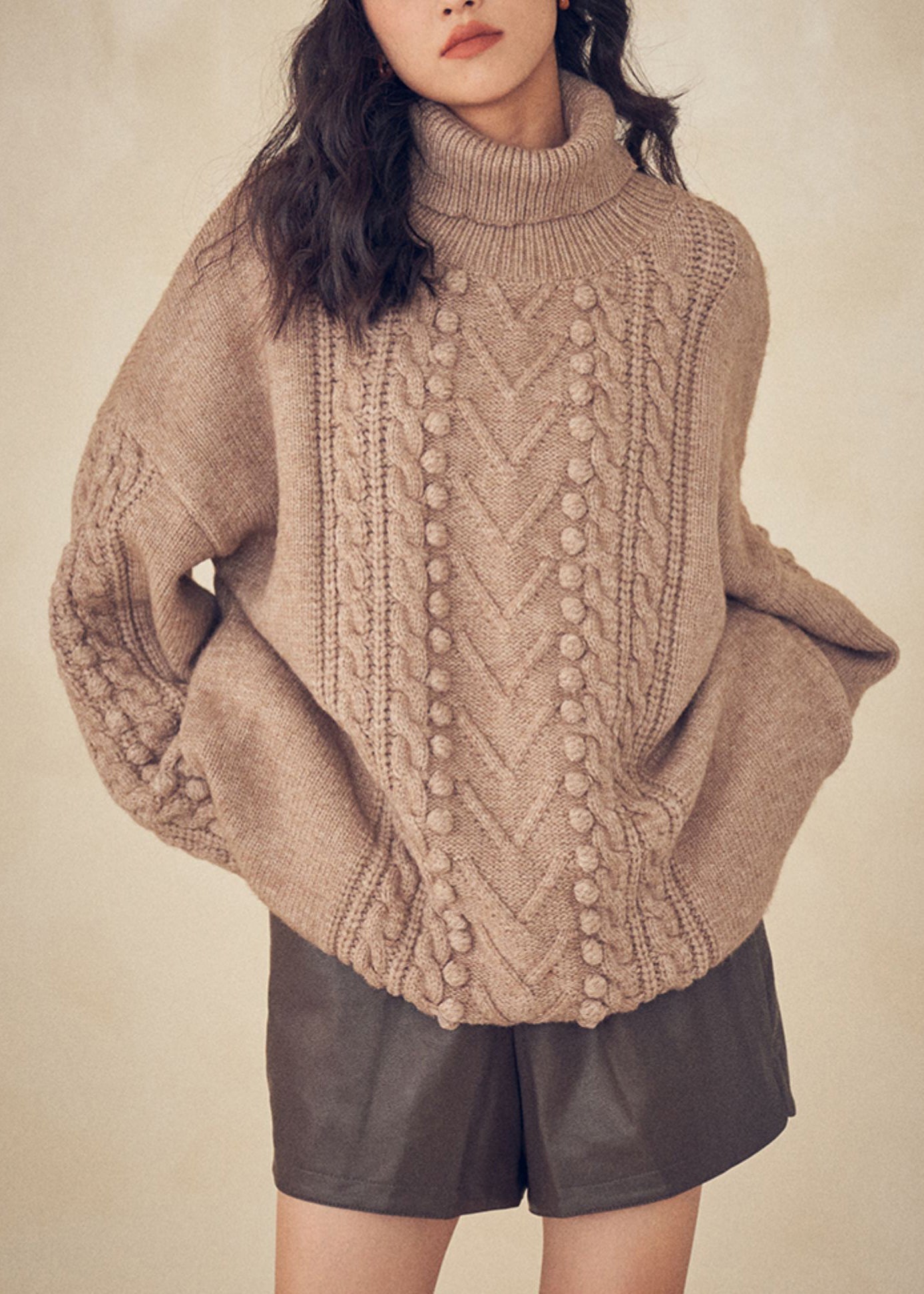 Caramel Turtleneck Patchwork Cable Knit Sweaters Top Fall