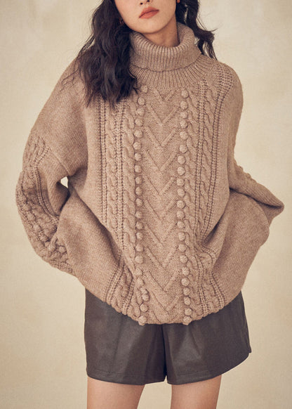Caramel Turtleneck Patchwork Cable Knit Sweaters Top Fall