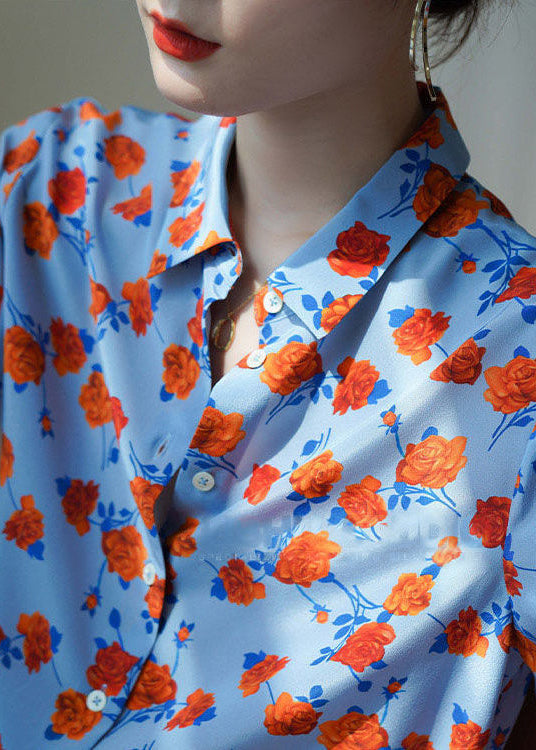 Blue Peter Pan Collar Button Print Chiffon Blouses Puff Sleeve