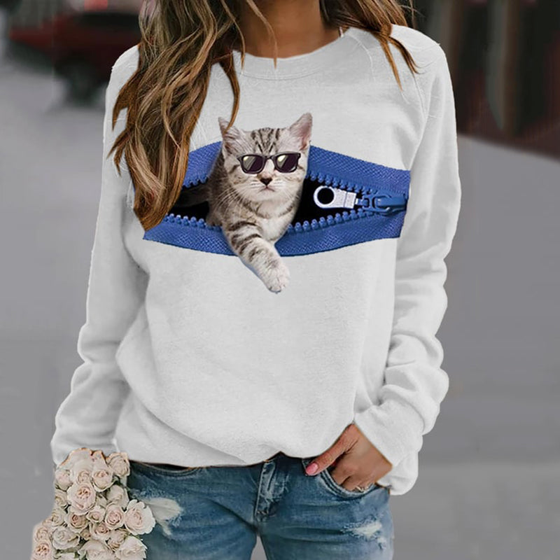 Women's Cat With Zipper Print Crew Neck Sweatshirt elevenforest