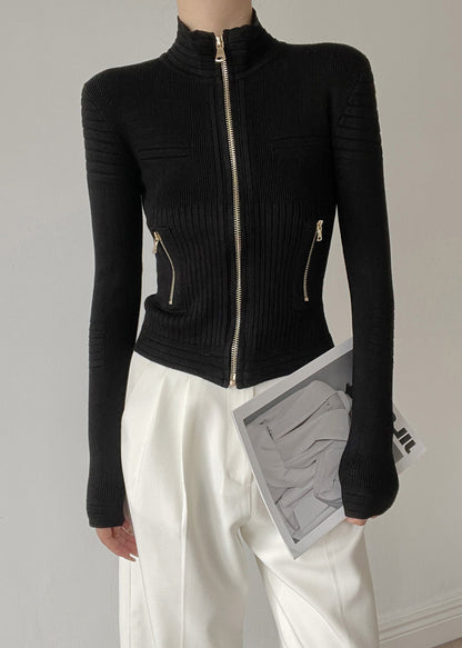 White Stand Collar Zip Up Patchwork Woolen Knit Cardigans Winter