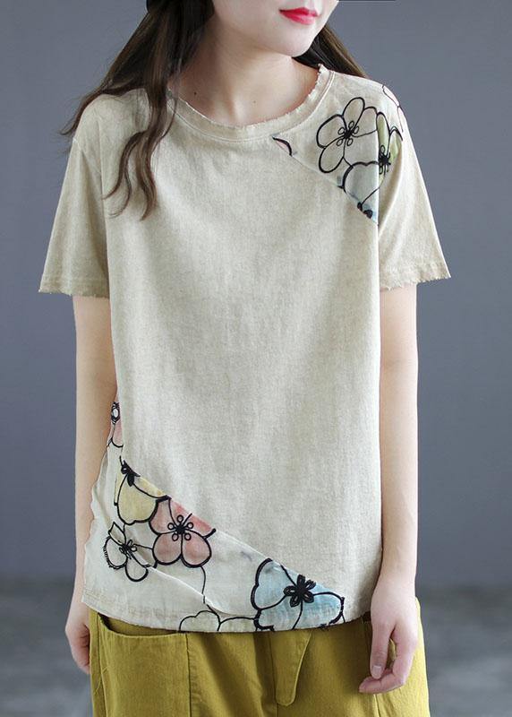 Blue O-neck Patchwork Print Summer Cotton Tees Short Sleeve