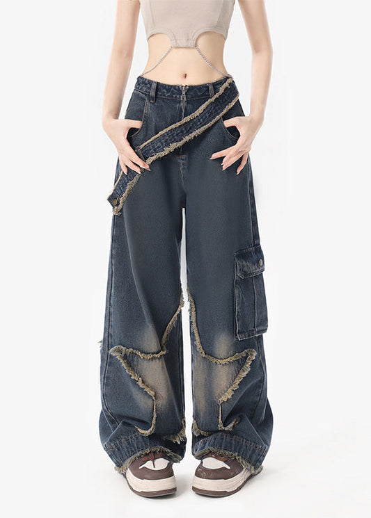 American Retro Design With Star Ruffled Denim Straight Pants Autumn
