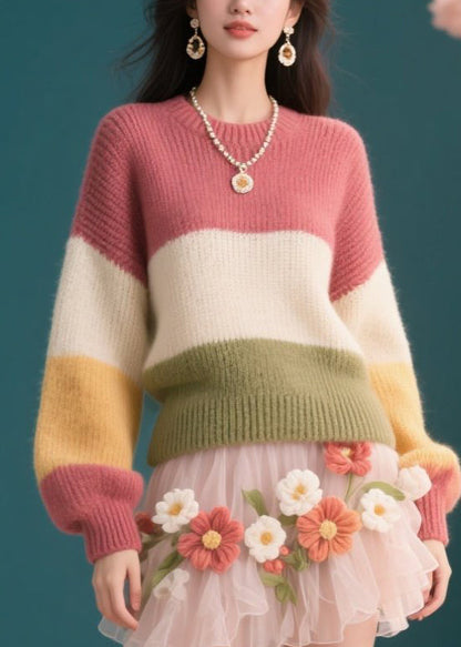 Colorblock O Neck Knit Short Sweaters Winter