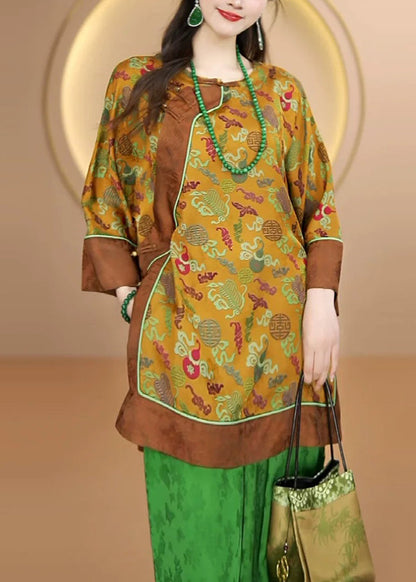 Yellow O Neck Print Oriental Button Silk Shirts Fall
