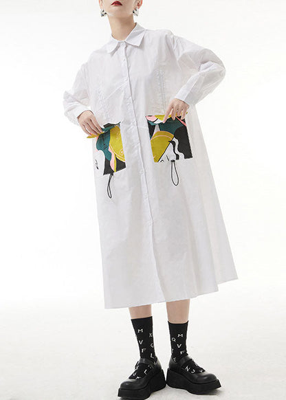 White Wrinkled Peter Pan Collar Pockets Print Shirt Dresses Spring
