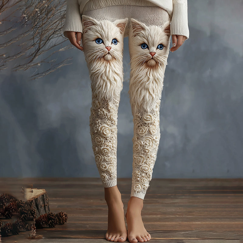 Cute Cat Face With Roses Art Embroidered Cozy Knit Leggings elevenforest