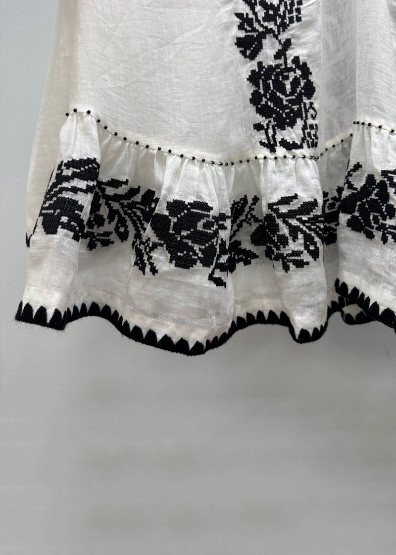 Handmade White V Neck Embroidered Linen Blouses Fall