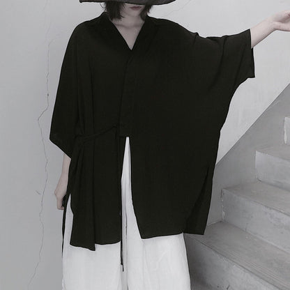 Diy Lapel Batwing Sleeve Blouses for Photography Black Top