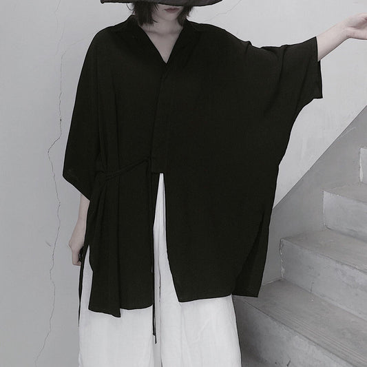 Diy Lapel Batwing Sleeve Blouses for Photography Black Top