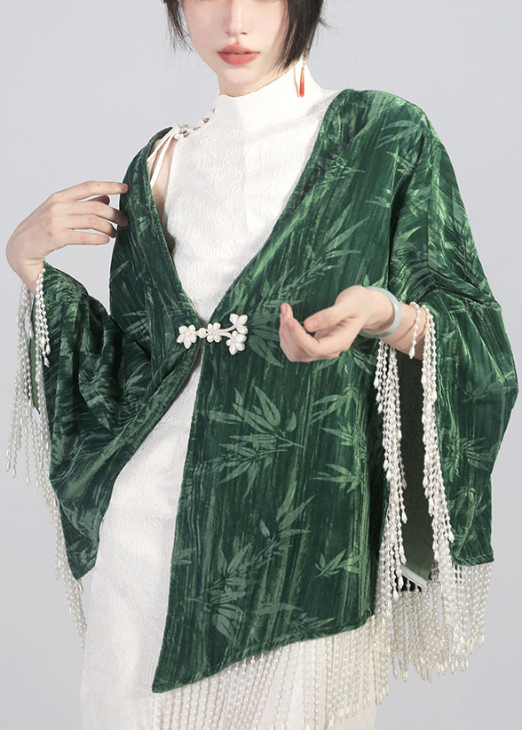 Green Tasseled Chinese Button Cotton Cape Coats Spring