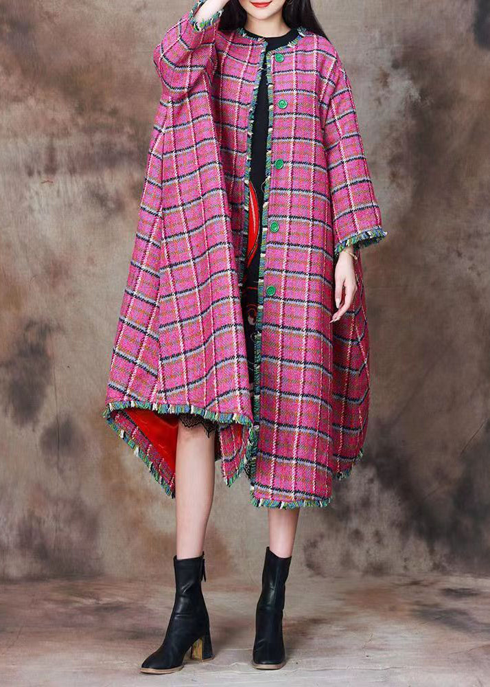 Pink Plaid Button Wool Long Coats Spring