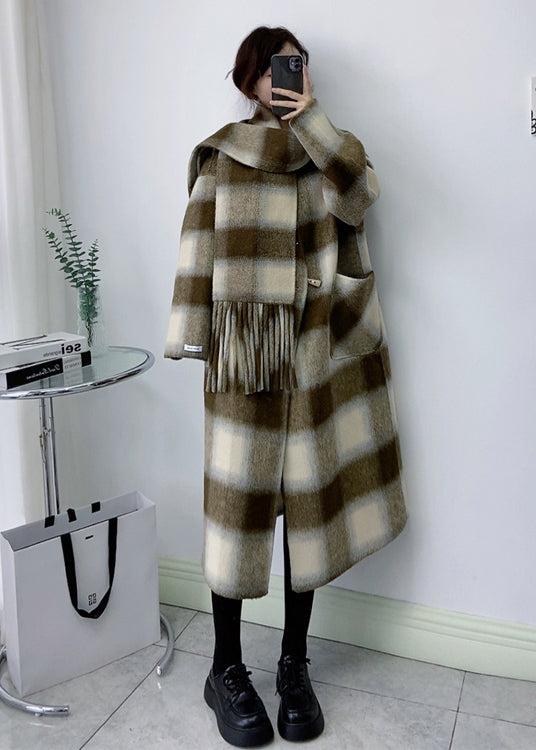 Black V Neck Pockets Plaid Wool Coats Winter