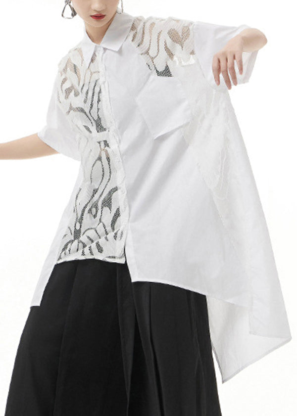 White Peter Pan Collar Lace Patchwork Shirt Tops Short Sleeve