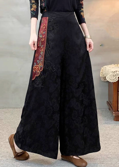 Style Black Embroidered Patchwork Silk Pants Spring