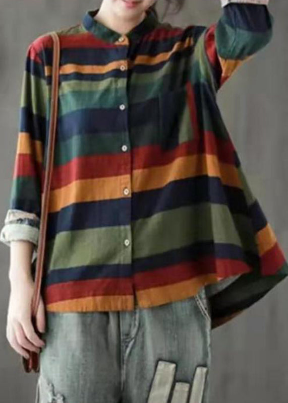 Unique Colorblock Stand Collar Low High Design Button Striped Shirts Long Sleeve