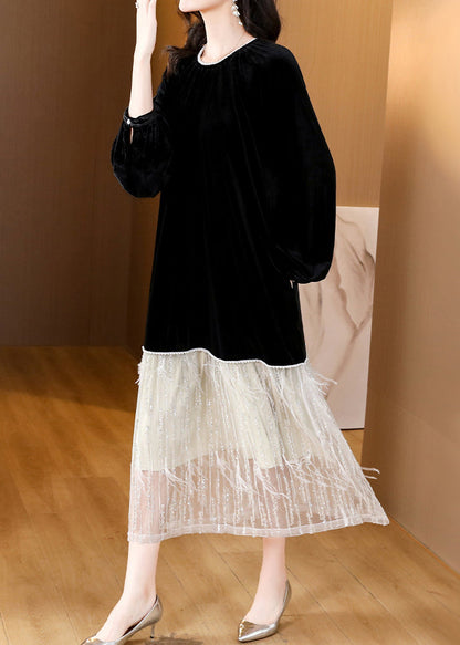 Loose Black Pearl Pockets Patchwork Silk Velour Dresses Spring