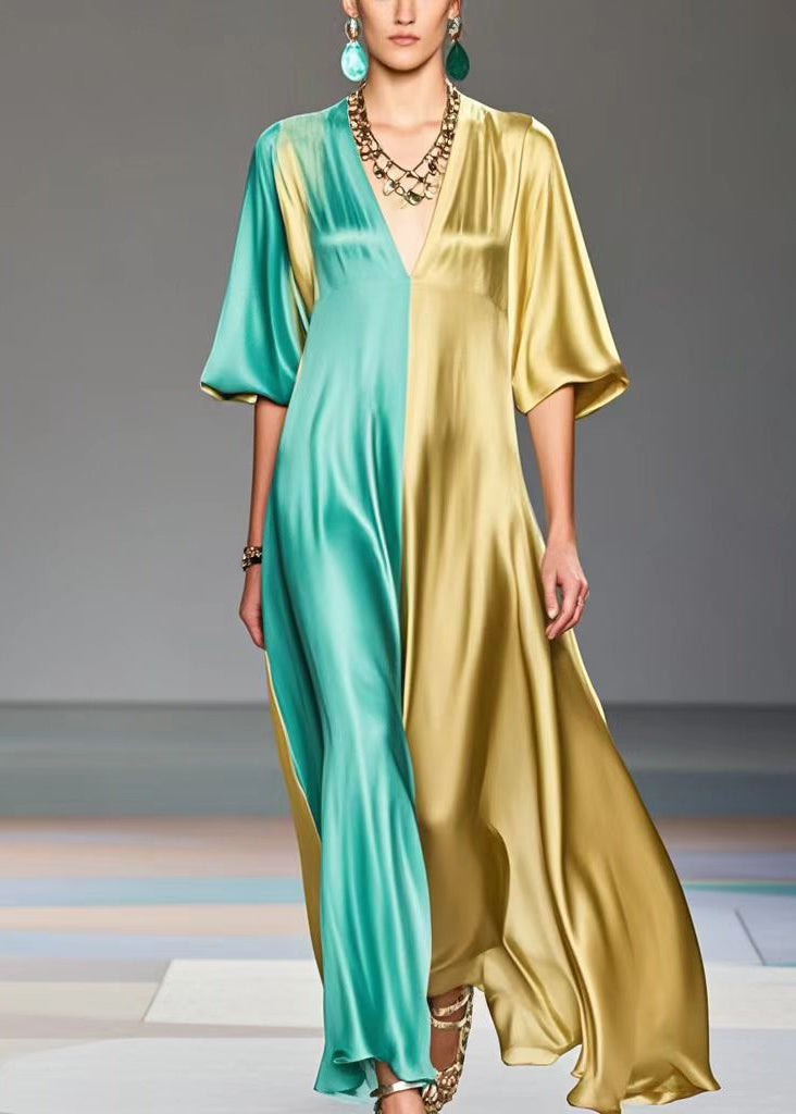 Colorblock V Neck Patchwork Silk Maxi Dresses Summer