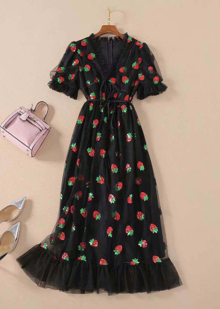 Pink V Neck Ruffled Lace Up Tulle Maxi Dresses Summer