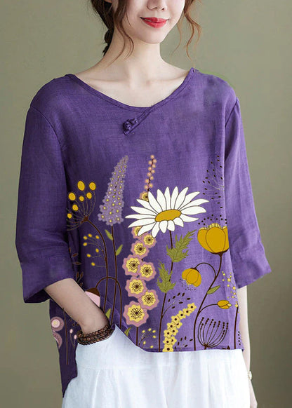 Diy Pink Crane Embroidered Side Open Half Sleeve Top
