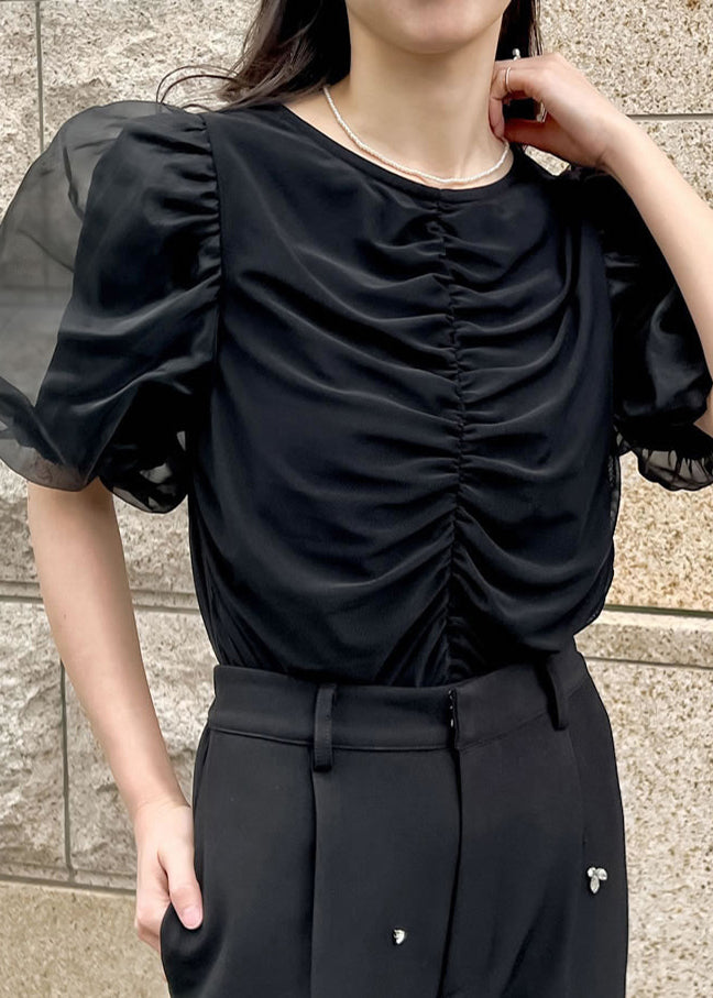 Black Puff Sleeve Wrinkled Cotton Tanks