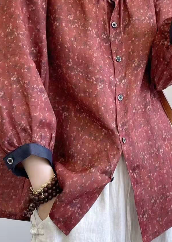 Brick Red Peter Pan Collar Print Linen Shirt Tops Summer