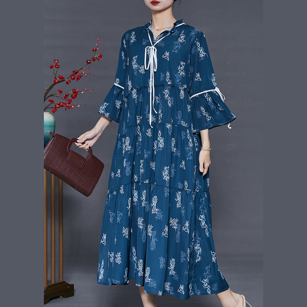 Navy Print Cotton Holiday Dresses Exra Large Hem Summer