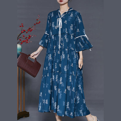 Navy Print Cotton Holiday Dresses Exra Large Hem Summer