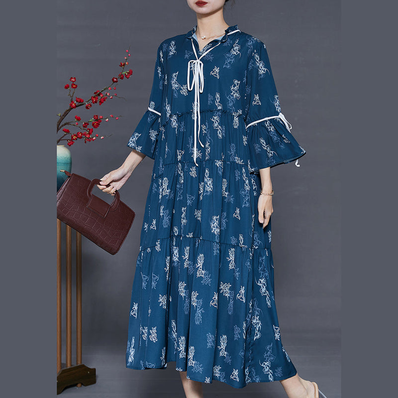 Navy Print Cotton Holiday Dresses Exra Large Hem Summer