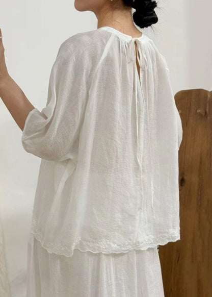 Art Green Wrinkled Lace Linen Blouse Half Sleeve