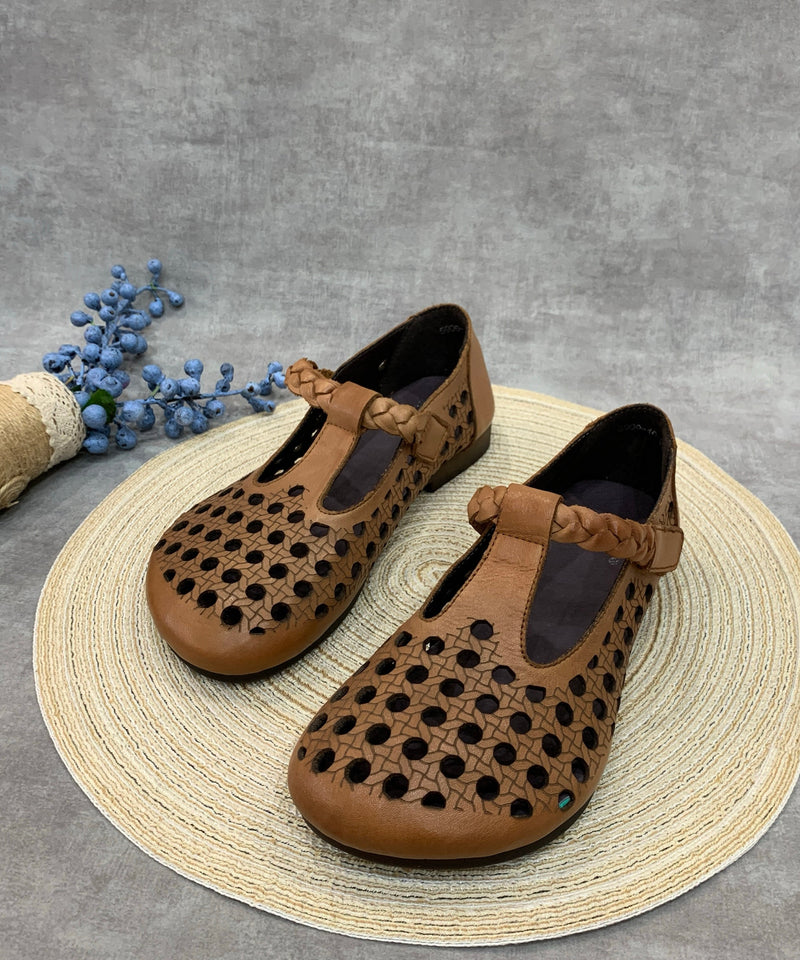 Comfy Coffee Flat Shoes Hollow Out Cowhide Leather