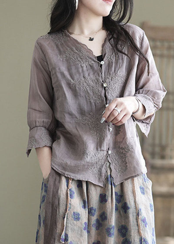 Purple V Neck Button Linen Shirt Half Sleeve