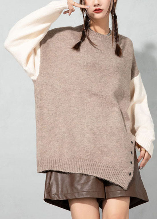 Boutique Apricot O-neck Asymmetrical Thick Patchwork Woolen Sweater Tops Spring