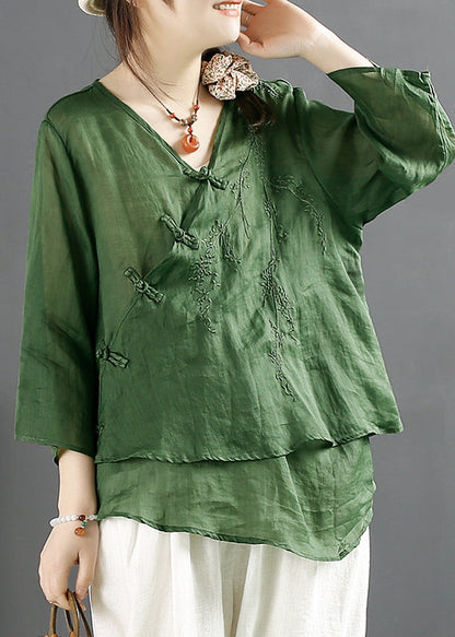Purple V Neck Embroideried Chinese Button Linen Tops Summer