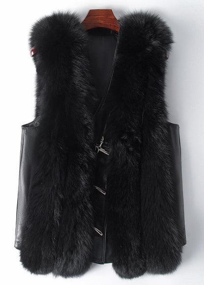 New Black Button Patchwork Leather and Fur Waistcoat Sleeveless