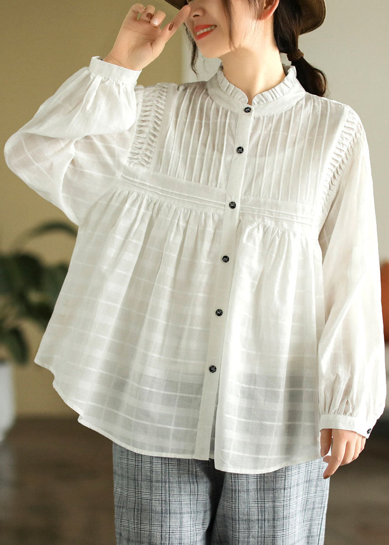 White Ruffled Patchwork Wrinkled Exra Large Hem Cotton Shirts Spring