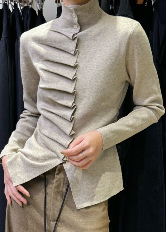 Slim Fit Oatmeal Wrinkled Button Knit Sweater Spring