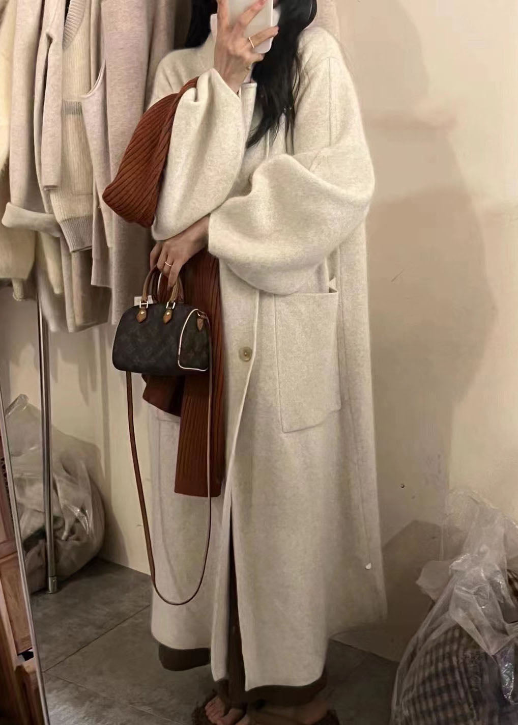 Pink Turtleneck Button Pockets Cotton Knit Long Coats Long Sleeve