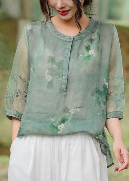 Orange Embroideried Patchwork Print Linen Shirt Top Half Sleeve