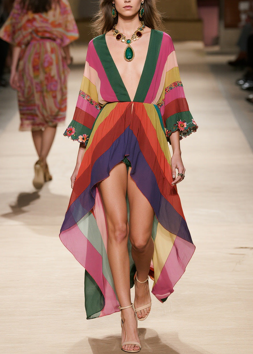 Stylish V Neck Low High Design Chiffon Dresses Summer