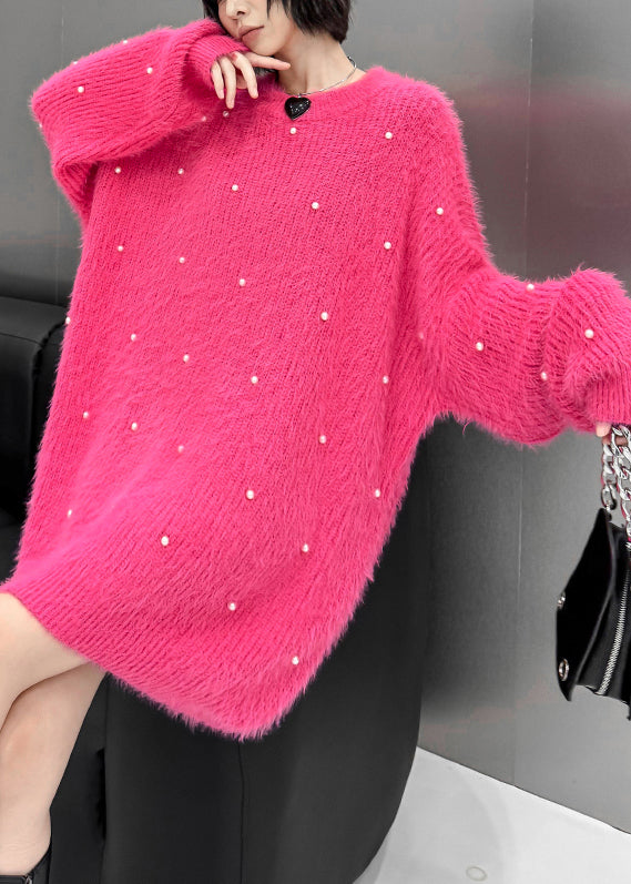 Loose Rose O Neck Pearl Mink Hair Knitted Sweater Spring