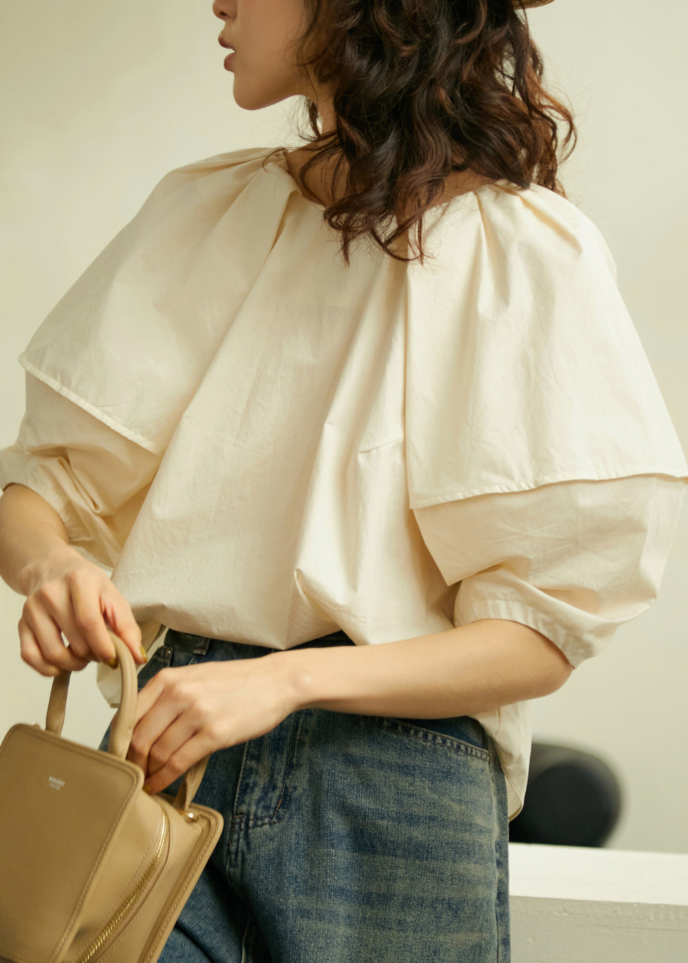 Blue O Neck Cotton Shirts Lantern Sleeve