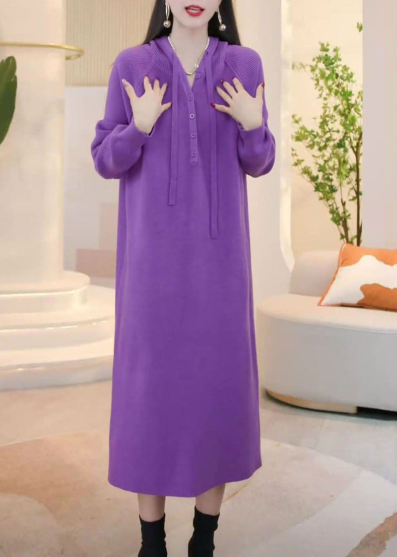 Simple Purple Hooded Button Knit Sweater Dress Winter