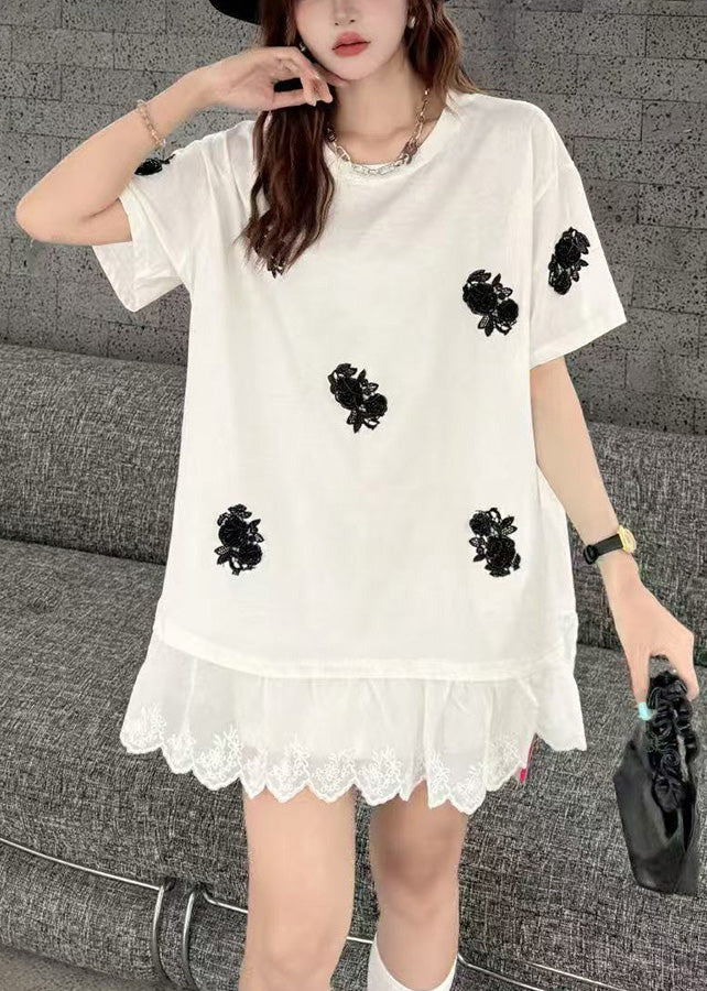 White Flower Decorated Oversized Patchwork Lace Tanks Summer